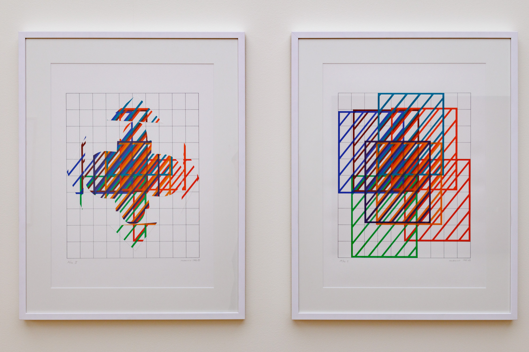 Two drawings on a grid. Each drawing is of several outlined squares with hash marks. One of the draweings has been cut and reorganized inside of the original grid.