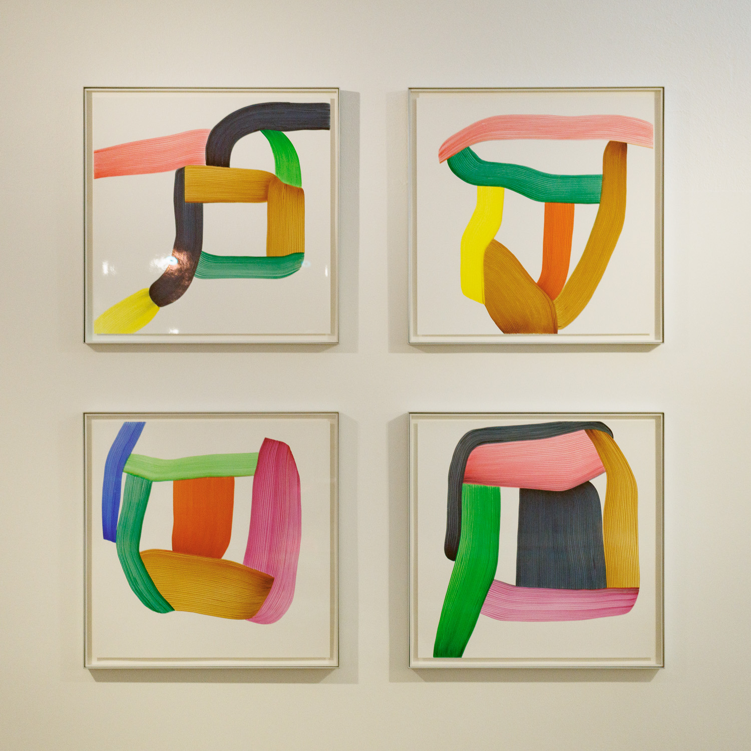 Four drawings. Each drawing contains a set of coloured shapes filled in by precisely running a marker line next to one another. The shapes are organic and suggest still life compositions.